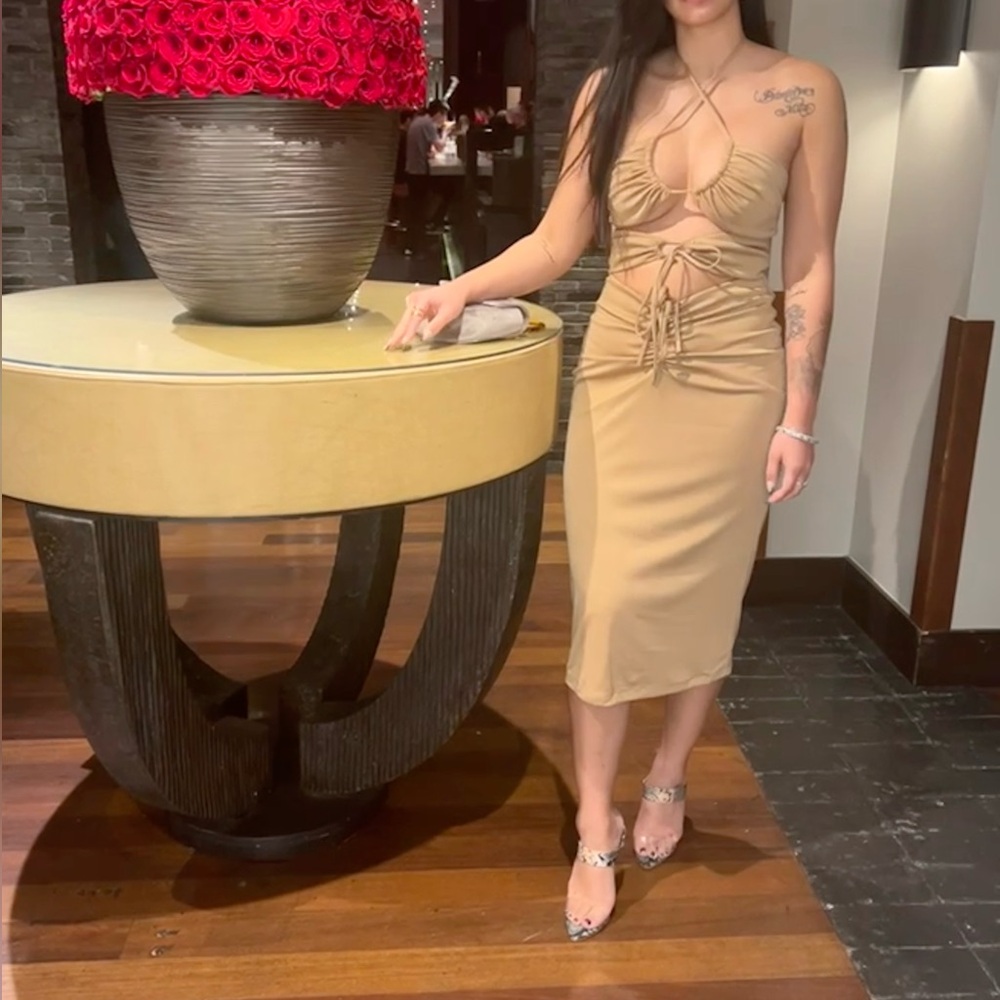 House of CB Brown Ruched Tie Front Halter Dress